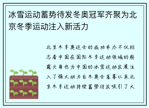 冰雪运动蓄势待发冬奥冠军齐聚为北京冬季运动注入新活力